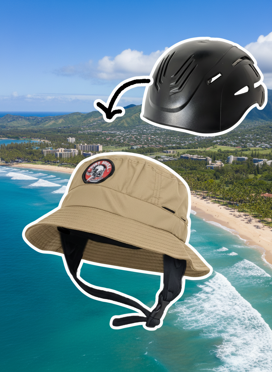 A Low profile "Surf-Helmet" and head protection; Bucket hat style