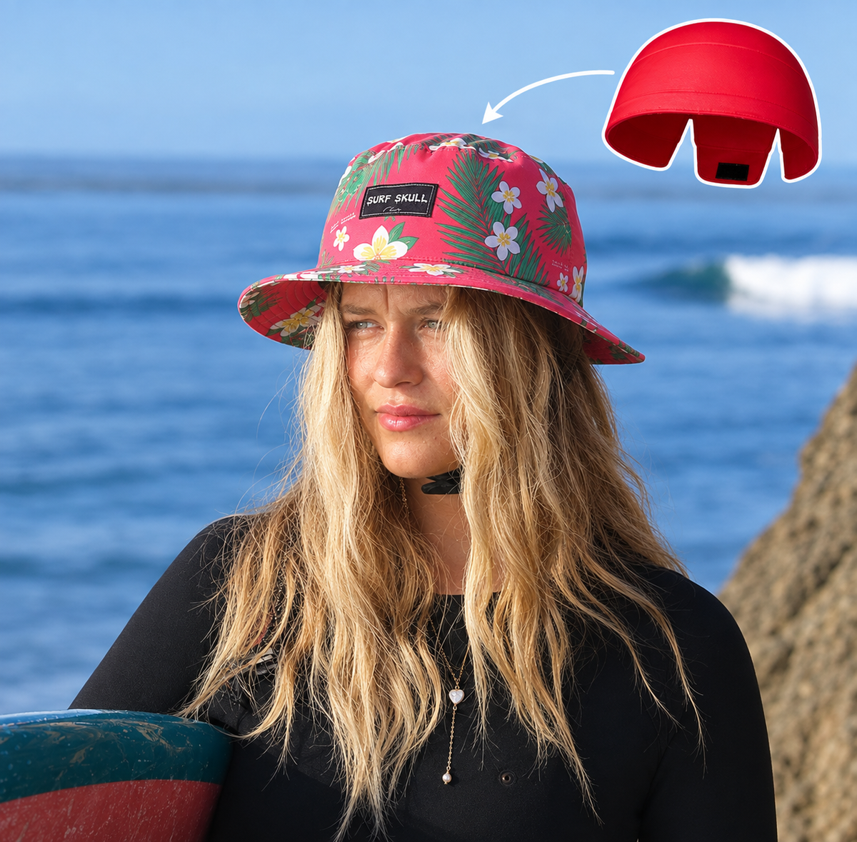 Surf Skull version 2 salmon  pink floral bump cap surf hat surf helmet photo of girl surfing  