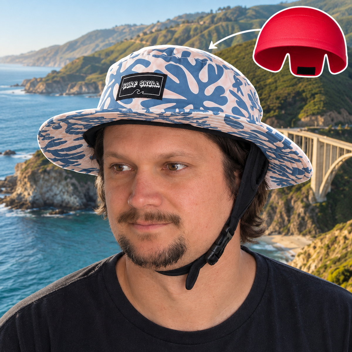 A man wearing a blue and white camouflage bucket hat with a black chin strap, set against a coastal background. A red inset graphic in the top right shows the hat's underside with an arrow pointing to it.